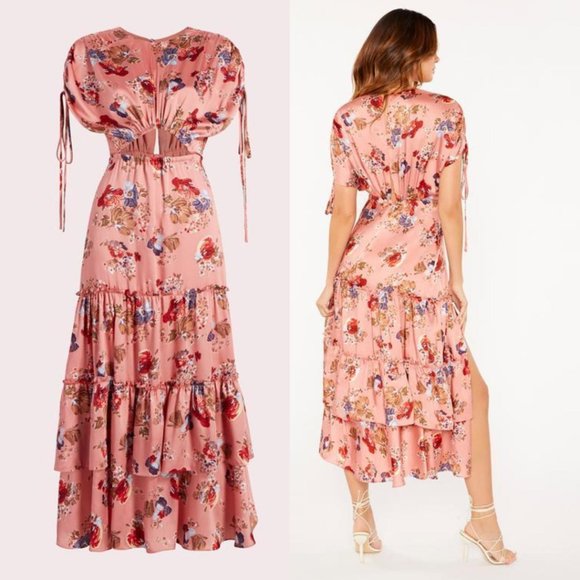 Cinq à Sept Martine Silk Cut-out Midi Dress Sz 10 Bare Rose Floral Tiered Skirt - Picture 2 of 10